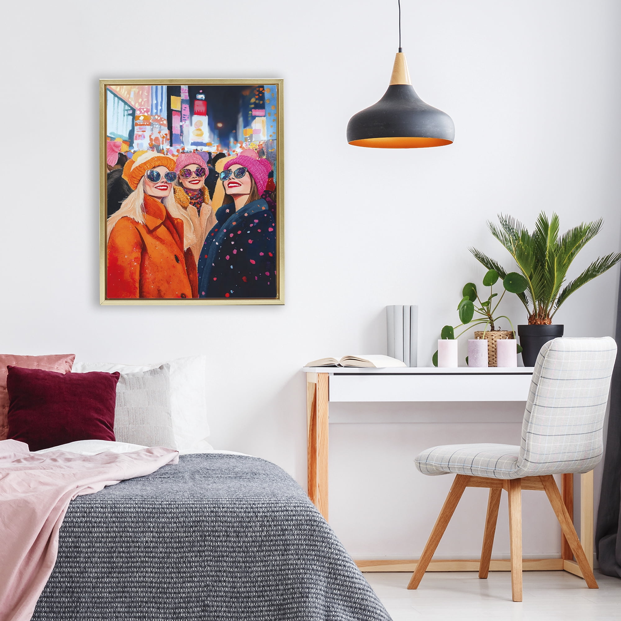Stupell Industries New Year's Girls in City Gold Framed Floater Canvas Wall Art, design by LSR Design Studio