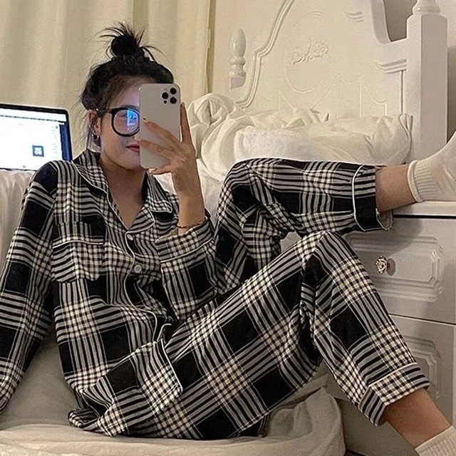 Pijamas navideños a cuadros para mujer, ropa de dormir coreana, Pijamas de otoño, ropa bonita, Conjuntos de pantalones de 2 piezas, ropa de descanso, traje de Pj