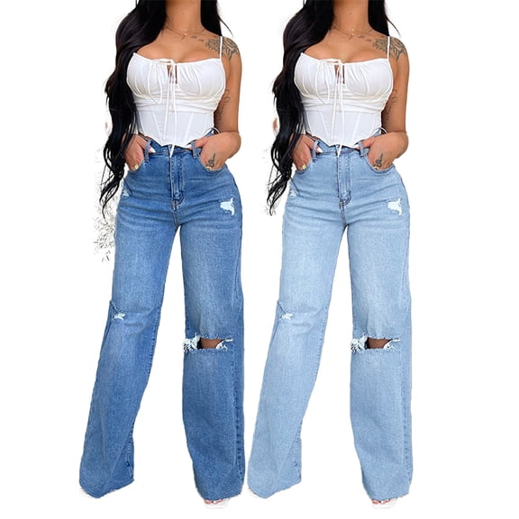 LYMAYTER Women's Wide Leg Jeans Washed High Waist Stretch Comfort Casual Jeans S-2XL