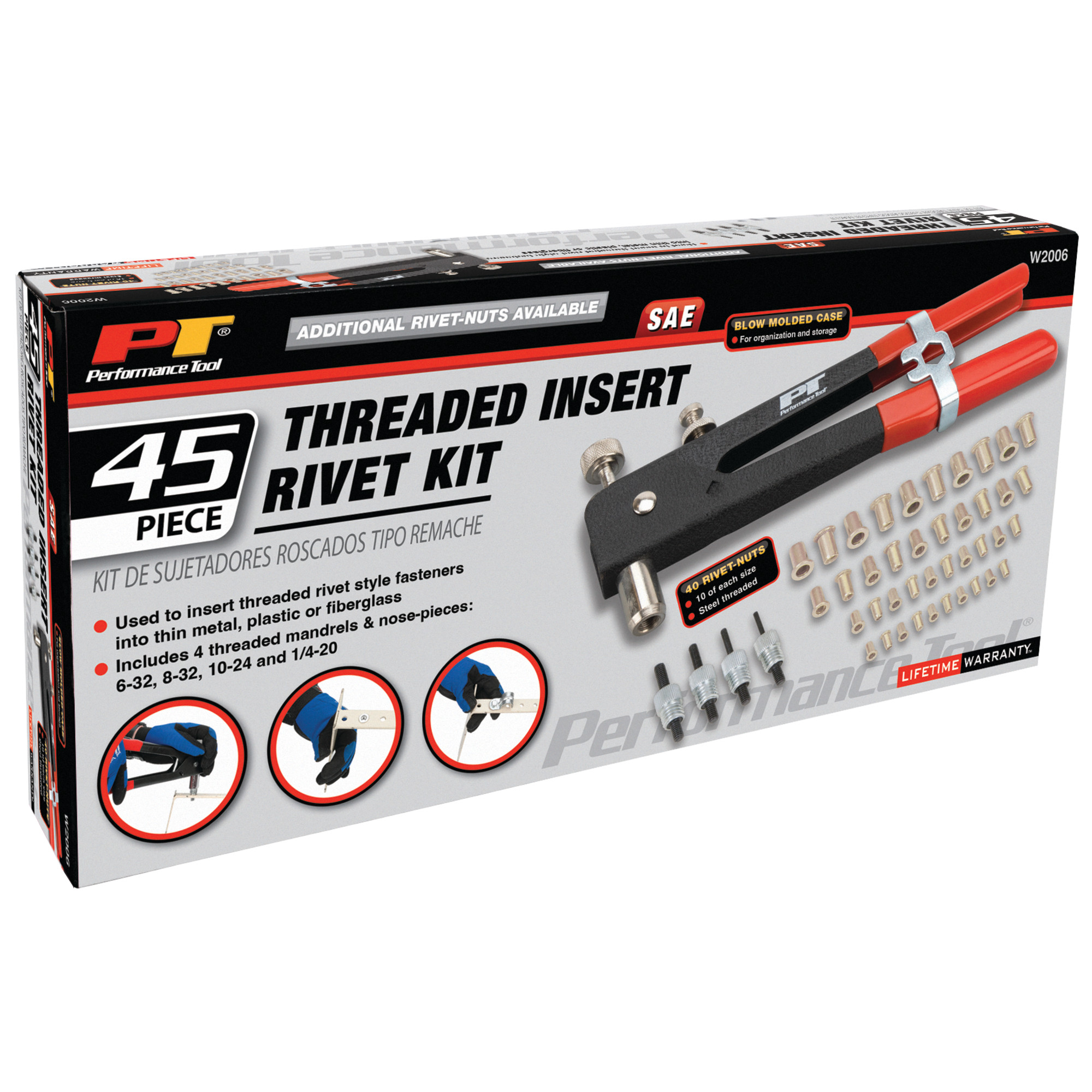 Performance Tool W2006 SAE Rivet Nut Kit Set, Riveter Tool, Rivet Nut Gun, Thread Hand Riveter, Rivet Gun, Riveting Tools with 45pc, Metric Rivet Nuts Included -/32, 8-32, 10-24, 1/4-20