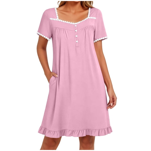Womens Comfy Pajamas Women’s Square Collar Sleep Dress Short Sleeve Button Nightgown with Pocket Loose Ruffle Hem Casual Home Midi Night Dress Pinks L