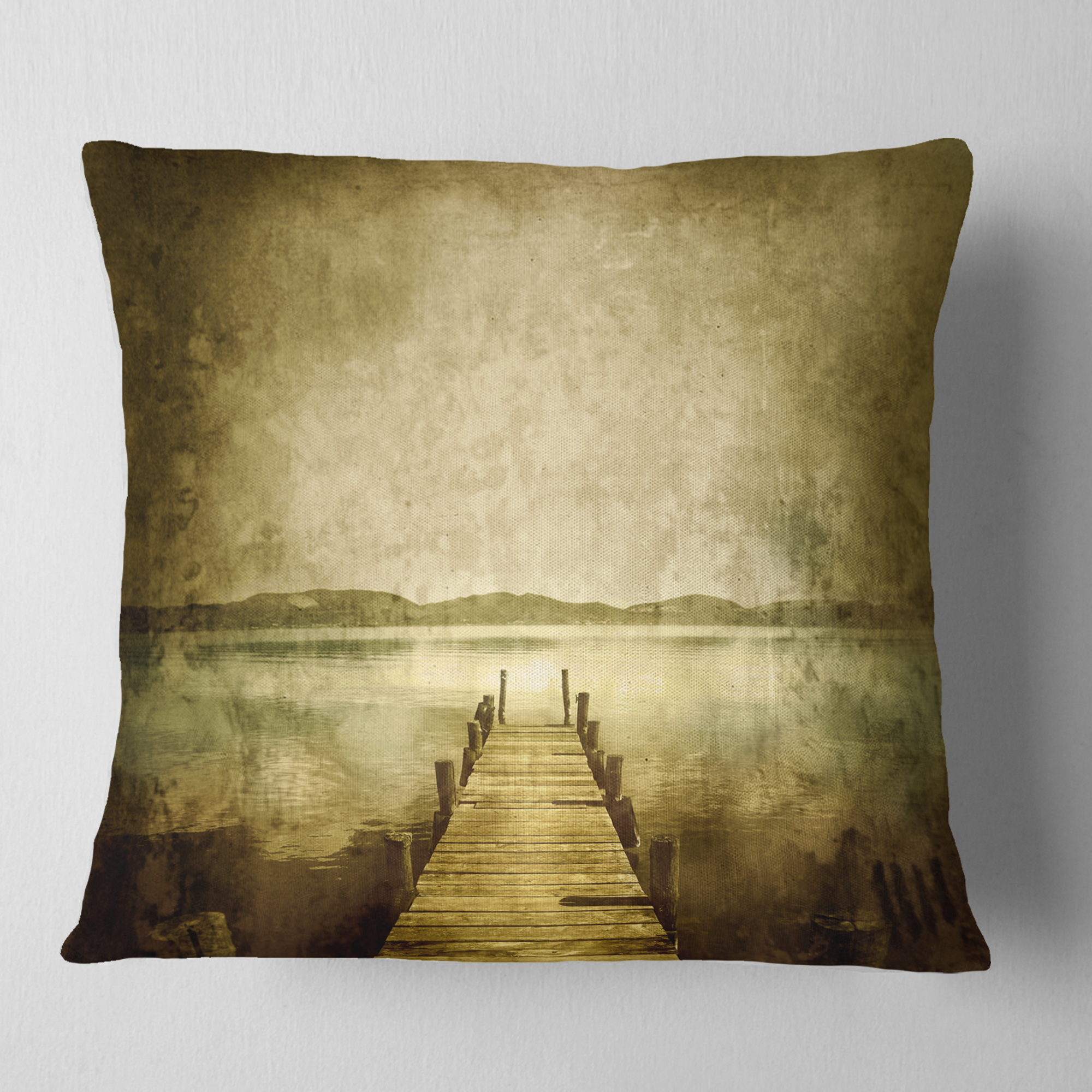 Designart Vintage Pier Over Lake - Landscape Printed Throw Pillow - 18x18
