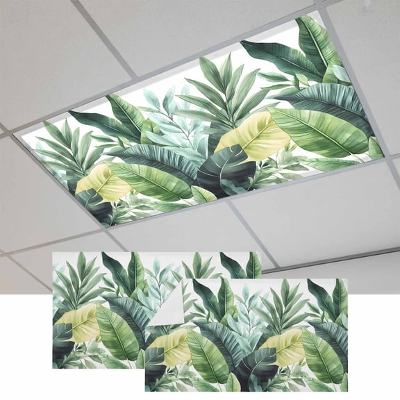Tropical Plants Magnetic Fluorescent Light Covers for Ceiling Lights 2x4 Feet, Country Summer Green Palm Leaves Office Classroom Kitchen Drop Ceiling Light Covers Lighting Filters Shade Panel 2 Packs