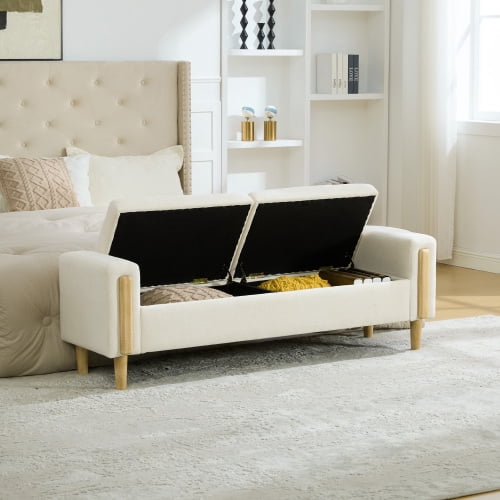 65.67" Wide Modern Upholstered Storage Bench with Double Lids and Armrest, Chenille Fabric, Rubberwood Legs, for Living Room, Entryway, Bedroom, Dormitory, Beige