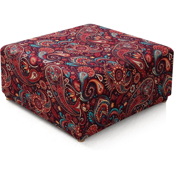 Ottoman Cover Square, Stretch Printed Ottoman Slipcover Square, Thick Storage Ottoman Covers Washable Footrest Stool Cover Protector with Nonslip Elastic Bottom