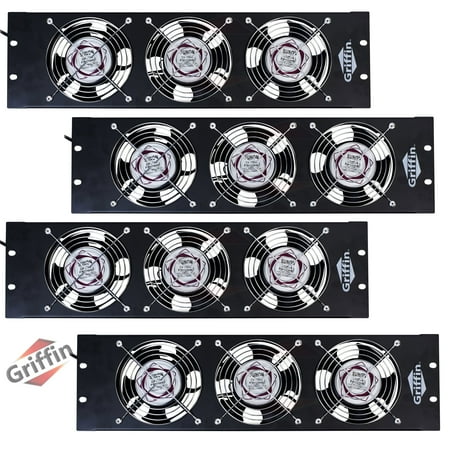 4 PACK - Griffin Rackmount Exhaust Fan 3U Ultra-Quiet Triple Cooling Fans, Keep Studio Audio Equipment Gear Cool Rack Mount on Network IT System Server Rails Temperature Control Panel Cabinet