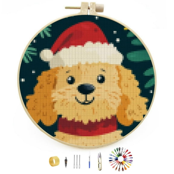 Merry Christmas Golden Doodle Dog DIY Stamped Cross Stitch Kits Easy for Beginners with Hoop 11CT Counted Embroidery Needlepoint Crafts Arts for Handmade Enthusiasts and Home Decor 30x30cm(2)