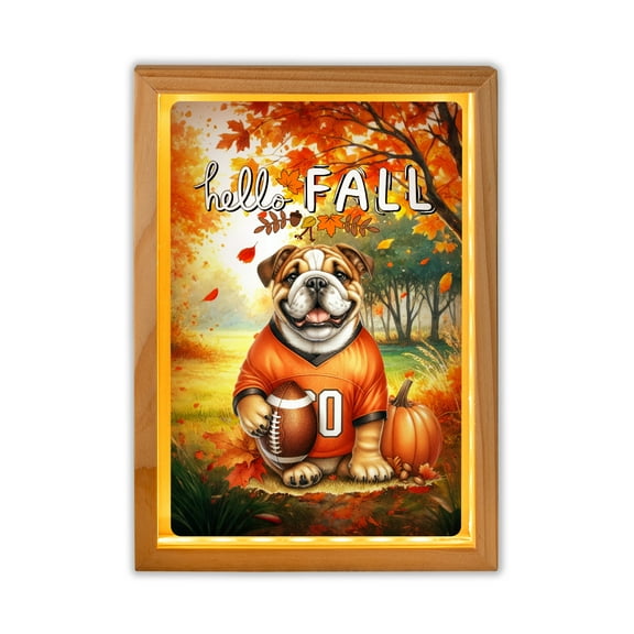 Hello Fall Bulldog Football Welcome Autumn with Leaves Pumpkins Acrylic Plaque with Wood Photo Frame Box Dog Lover Gifts Idea Light Box - 00012