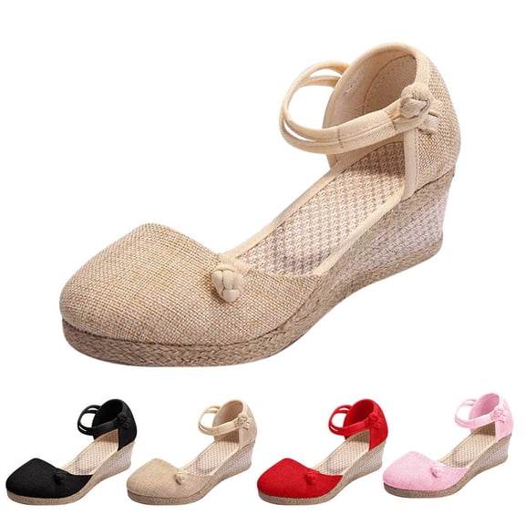 Modisza Closed Toe Wedge Sandals for Women Elastic Ankle Strap Platform Espadrilles Low Heel Walking Shoes for Summer Outdoor Beige 4.5