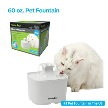 Premier Pet 60 oz. Pet Fountain- Automatic water fountain for cats & small dogs, fresh, filtered water, promotes hydration, adjustable water flow, sleek, compact, easy to clean, filters included