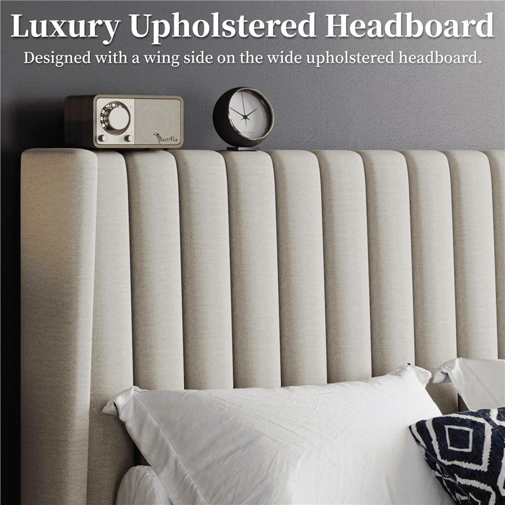 Fullfurnique Lit Rembourré avec Tête de Lit à Oreilles Design a Cannelures, Taille Queen, Ivoire