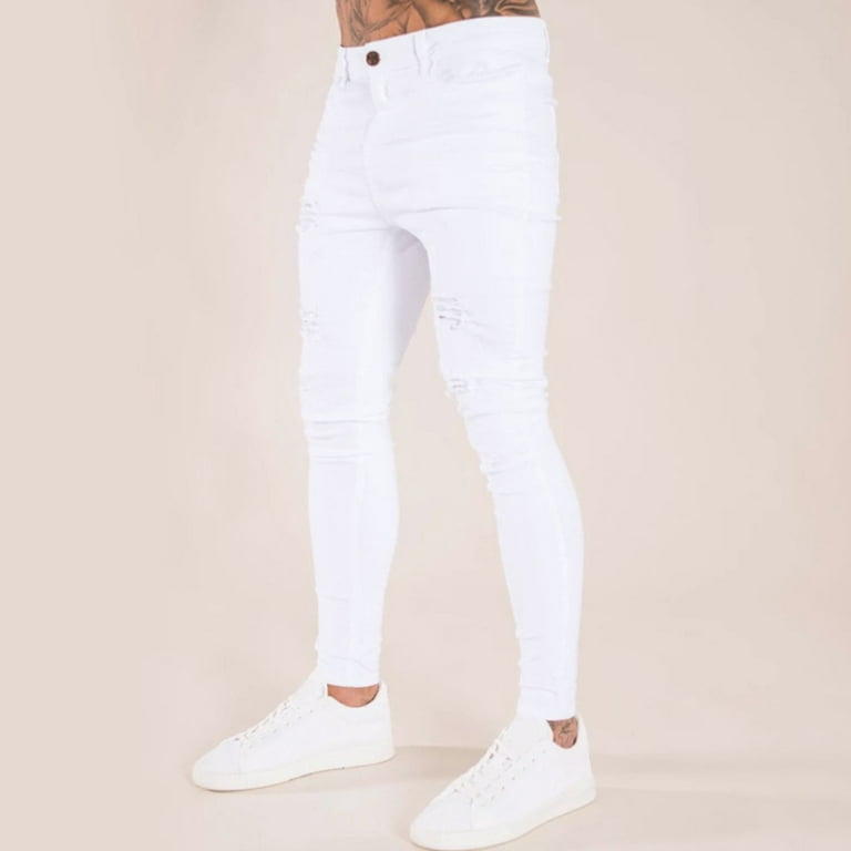 ZXHACSJ Men's Fashion Denim Hole Trouser Distressed Jeans Long Pencil Pants  Streetwear White M