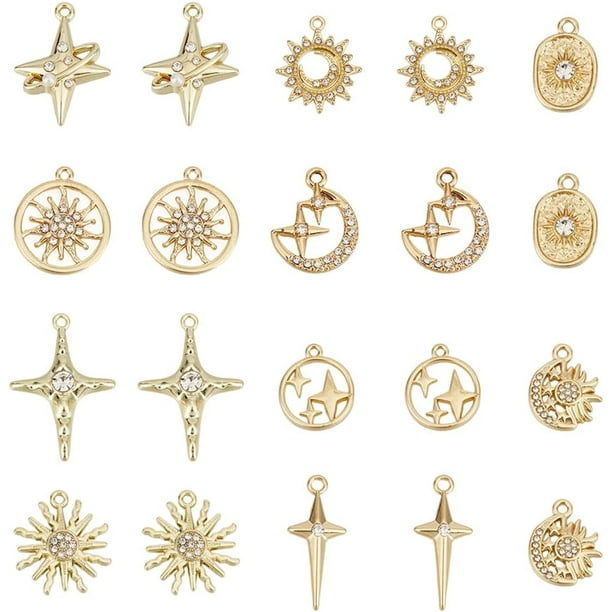 1 caja de 20 piezas con 10 estilos de dijes de sol y luna, dijes de estrella, dije redondo de aleación de oro con diamantes de imitación y circonitas cúbicas, diseño celestial.