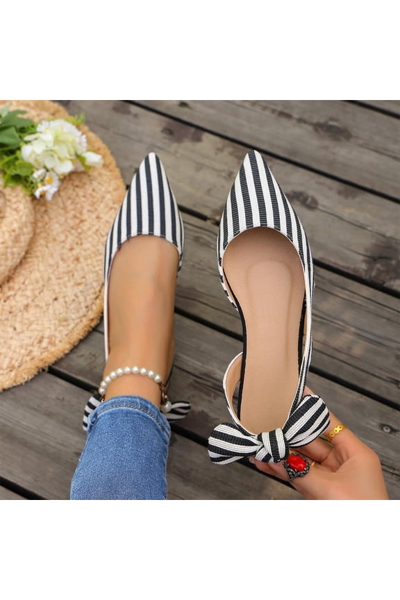 Flats For Women Stripe Print Slingback Bow Knot Pointed Toe Comfortable Casual Dressy Footwear