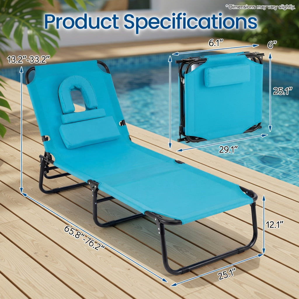 Hommoo Adjustable Beach Chaise Lounge Chair with Face Hole & Removable Pillows, Foldable Lightweight Tanning Lounger for Pool, Beach, Backyard, Navy