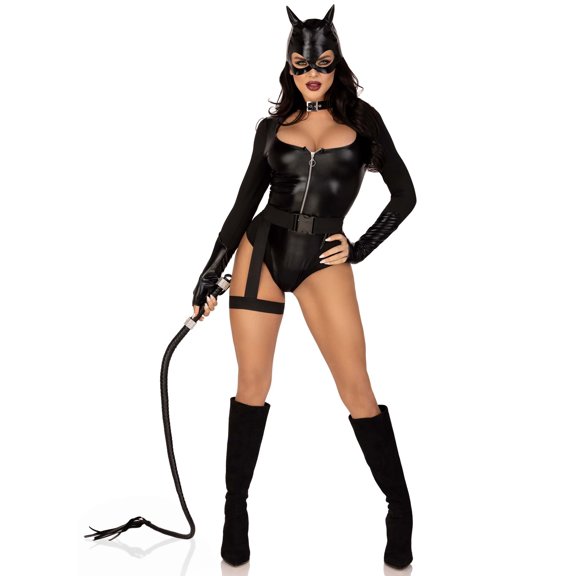 Leg Avenue Women's 3 Pc Fierce Feline Costume with Gloved Snap Bottom Bodysuit, Belt w/ Attached Garter, Cat Ear Skull Cap