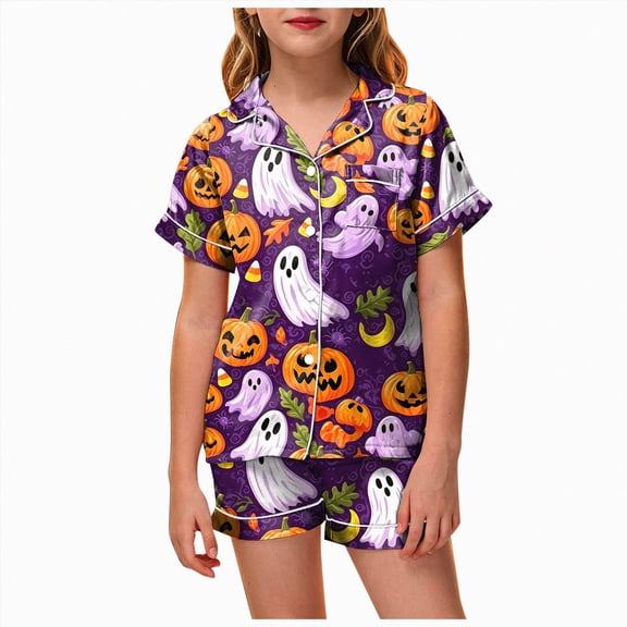 Girl Boy Halloween Pajamas Pumpkin Shorts Sleeve Button Down Shirt Pants Fall Pjs Nightgown