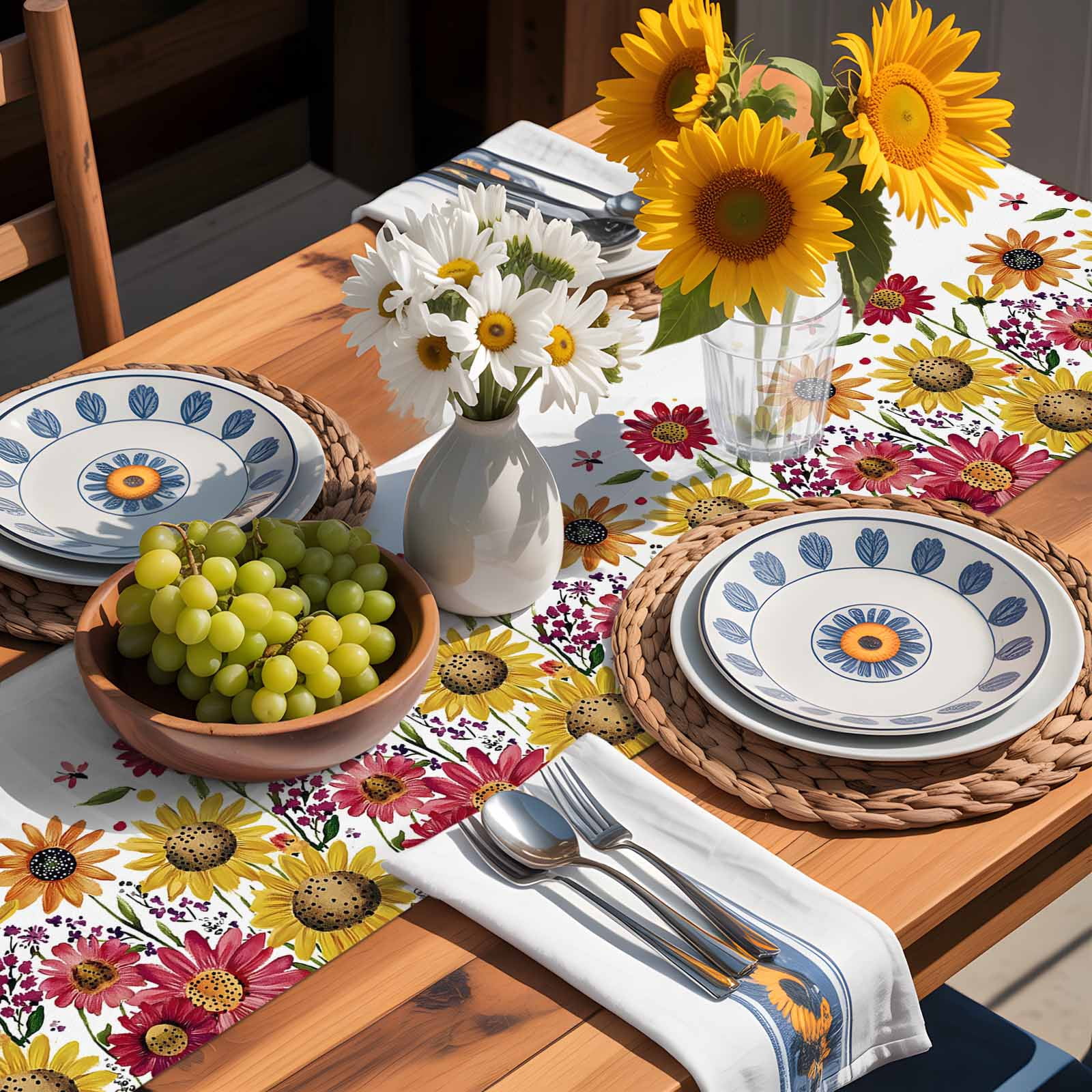 Summer Yellow Red Chrysanthemum Table Runner 90 Inches Long, Watercolor Pastoral Floral Table Runners Tabletop Scarf Kitchen Dining Tables Decoration for Home Party Indoor Outdoor