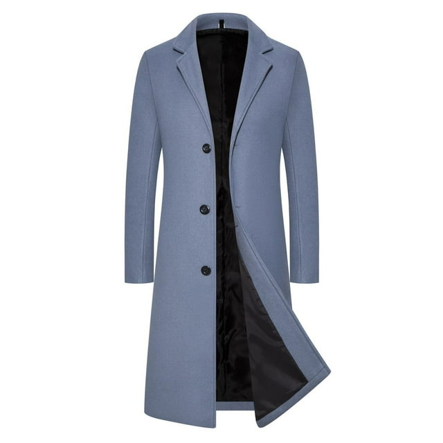 KIHOUT Men's Wool Trench Coat Single Breasted Slim Fit Mid-Length Notched Collar Winter Overcoat Quilted Pea Coats