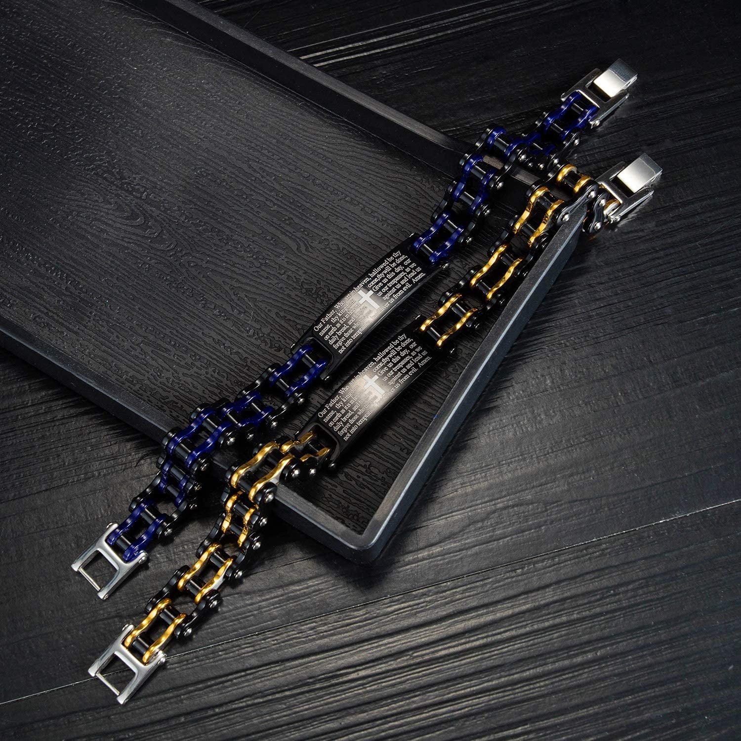 Mens Motorcycle Bike Link Chain Lord's Prayer English Christian Cross Bracelet Size 8 Inch or Size 9 Inch (Blue, 8 Inch)