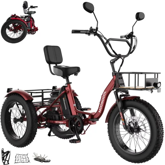 Lilypelle Peak 1100w Folding Electric Tricycle for Adults, 7 Speed 20" x 4.0 " Fat Tire 3 Wheel Aluminum Electric Bike W/ Differential & Suspension Fork, 48V 14.5Ah Battery, Up to 60Miles, 16Mph