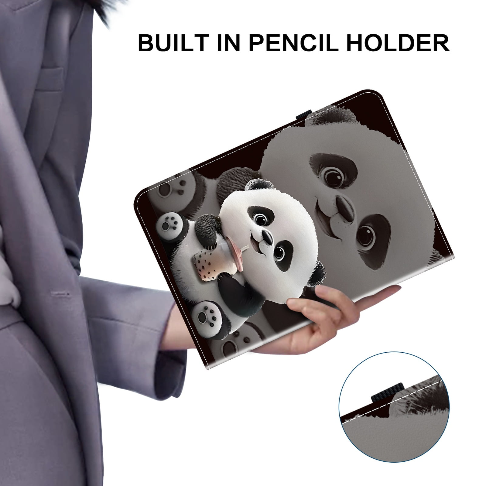 Allytechgroup for iPad 10.2" 9th 8ht 7th Generation Case, Premium PU Leather Flip Cover Stand Cover with Cards Slots Pencil Holder Shockproof TPU Inner Case for Apple iPad 10.2", Cute Panda