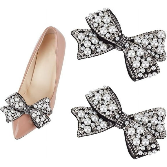 2Pcs Bowknot Cloth Costume Accessories with Glass & Imitation Pearls Ornament Accessories Black 63x105x17.5mm