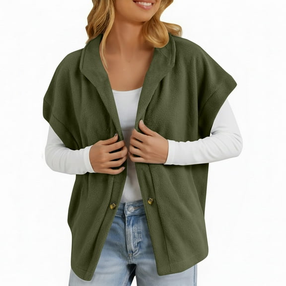 WTOBBY Women's Fuzzy Fleece Vest Casual Oversized Warm Button Down Vest Jacket with Pockets, Soft and Cozy Vest for Relaxed and Comfortable Outfits,Army Green L