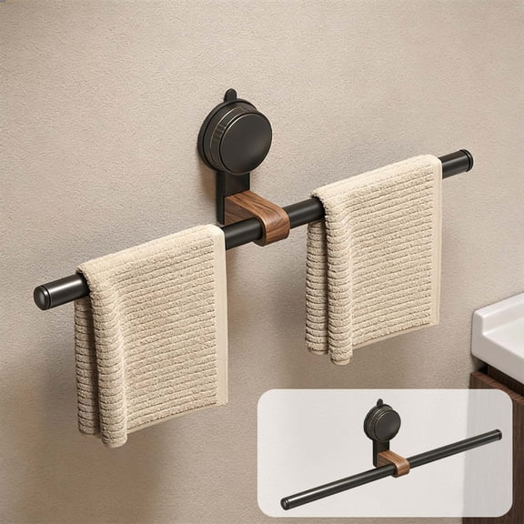 Suction Cup Towel Bar, No Drill Wall Mounted Towel Rack, Reusable Walnut Wood Towel Holder for Shower Bathroom Kitchen RV and Laundry Room