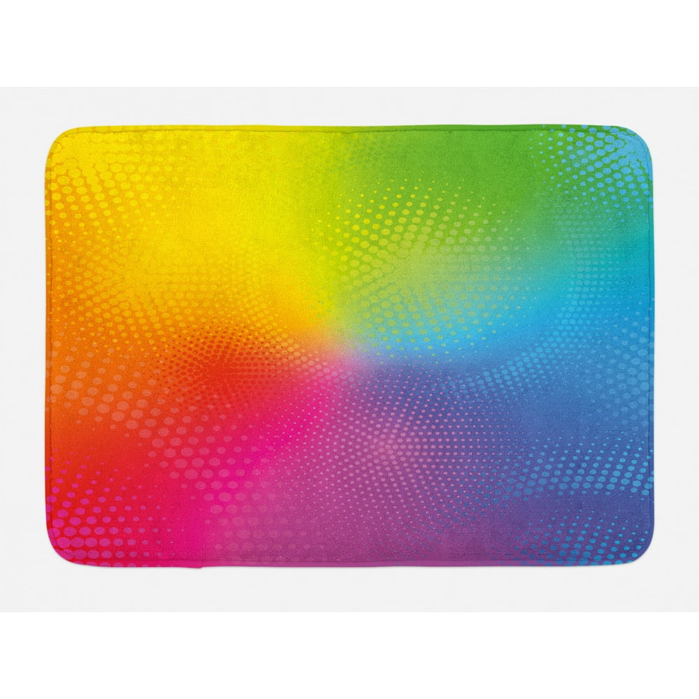 Rainbow Bath Mat, Vibrant Neon Colors Circles Rounds Dots Radiant