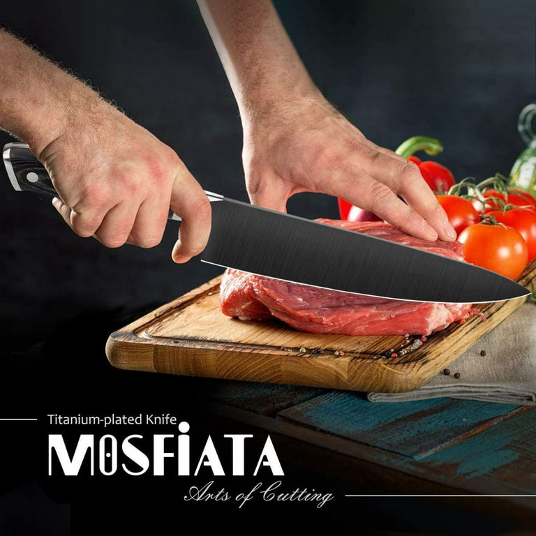 MOSFiATA 8” Super Sharp Titanium Plated Chef's Knife for Kitchen with  Finger Guard and Knife Sharpener in Gift Box, High Carbon German Stainless  Steel EN1.4116 Titanium Coated Stylish Cooking Knife 
