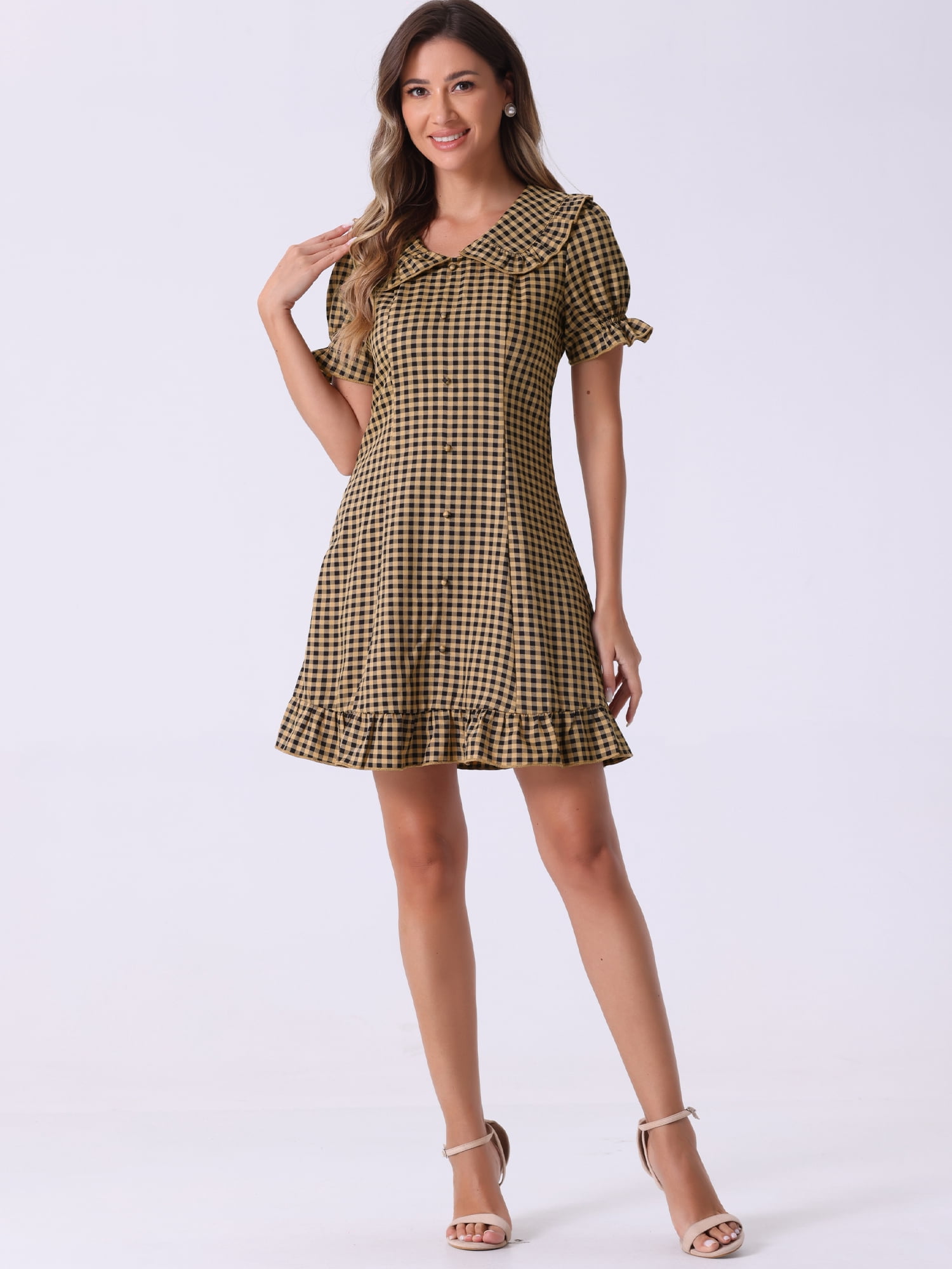DARING DIVA Gingham Print Ruffled Doll Collar Puff Sleeve Mini Dress XS Dark Brown