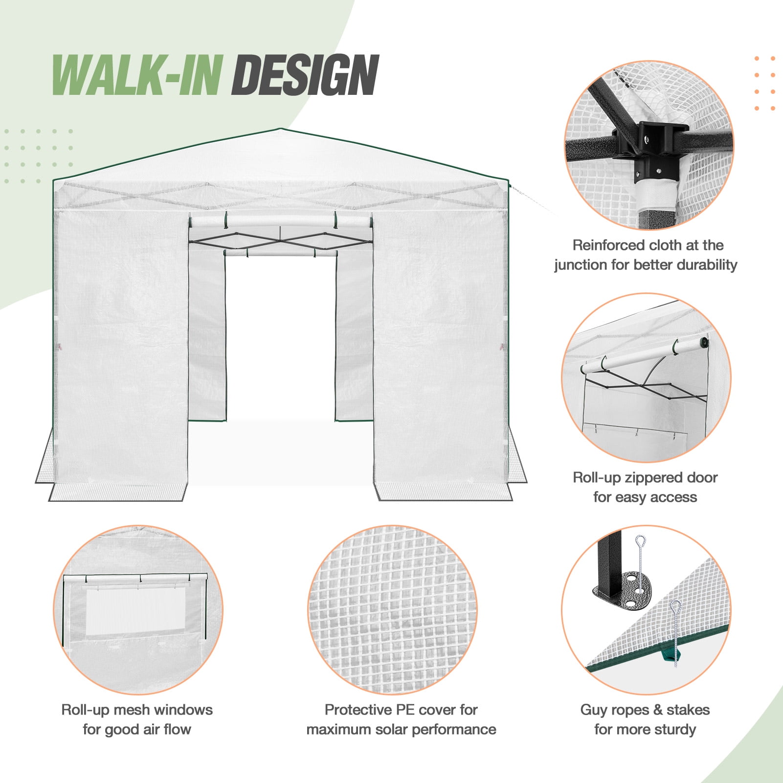 EAGLE PEAK 10'x 10' Portable Walk-in Greenhouse Instant Pop-up Easy Setup Indoor Outdoor Plant Gardening Green House Canopy, Front and Rear Roll-Up Zipper Entry Doors and 2 Large Roll-Up Side Windows