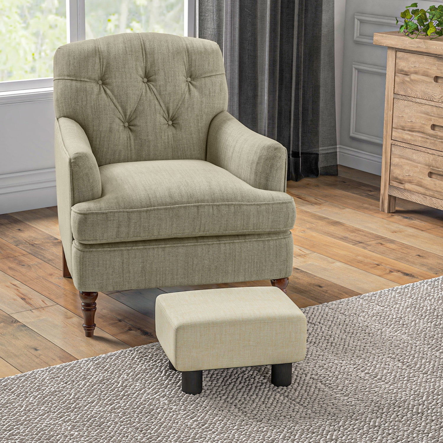 Cube Ottoman, Beige Linen Fabric Footrest for Living Room, Extra Seat