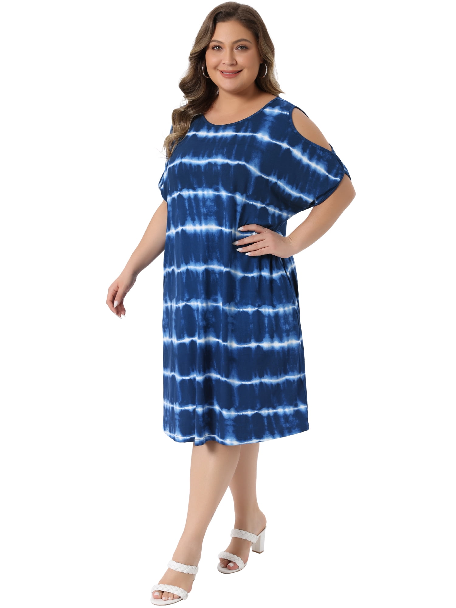 DARING DIVA Women's Plus Crew Neck Off Shoulder Loose Tie Dye Dress 2X Blue