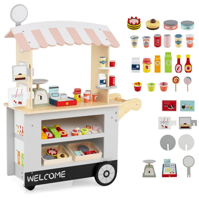 Costway Kids Snacks & Sweets Food Cart Kids Toy Cart Play Set with 30 PCS Accessories Gray
