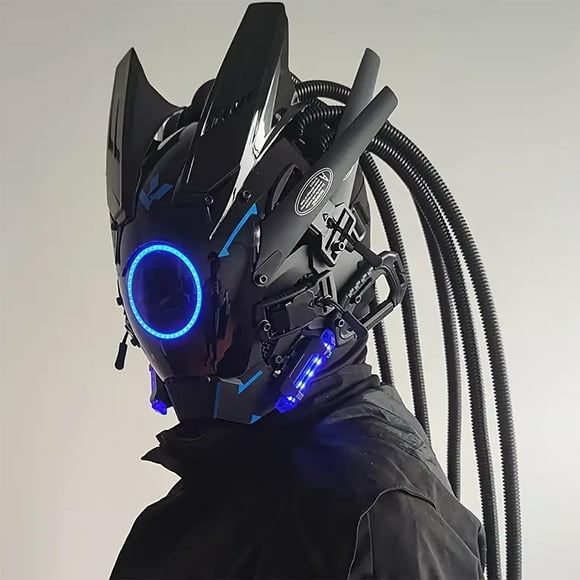 UsRHHA LED Light Up Mask PC Punk Cosplay Helmet, Music Festival Tech Headgear with Adjustable Strap, Round Lights Wing Braid