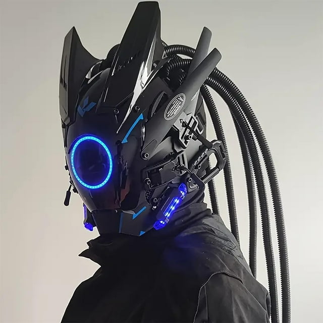 UsRHHA Masque Lumineux à DEL PC Punk Cosplay Casque, Couvre-Chef Technologique de Festival de Musique avec Sangle Ajustable, Lumières Rondes Tresse Aile