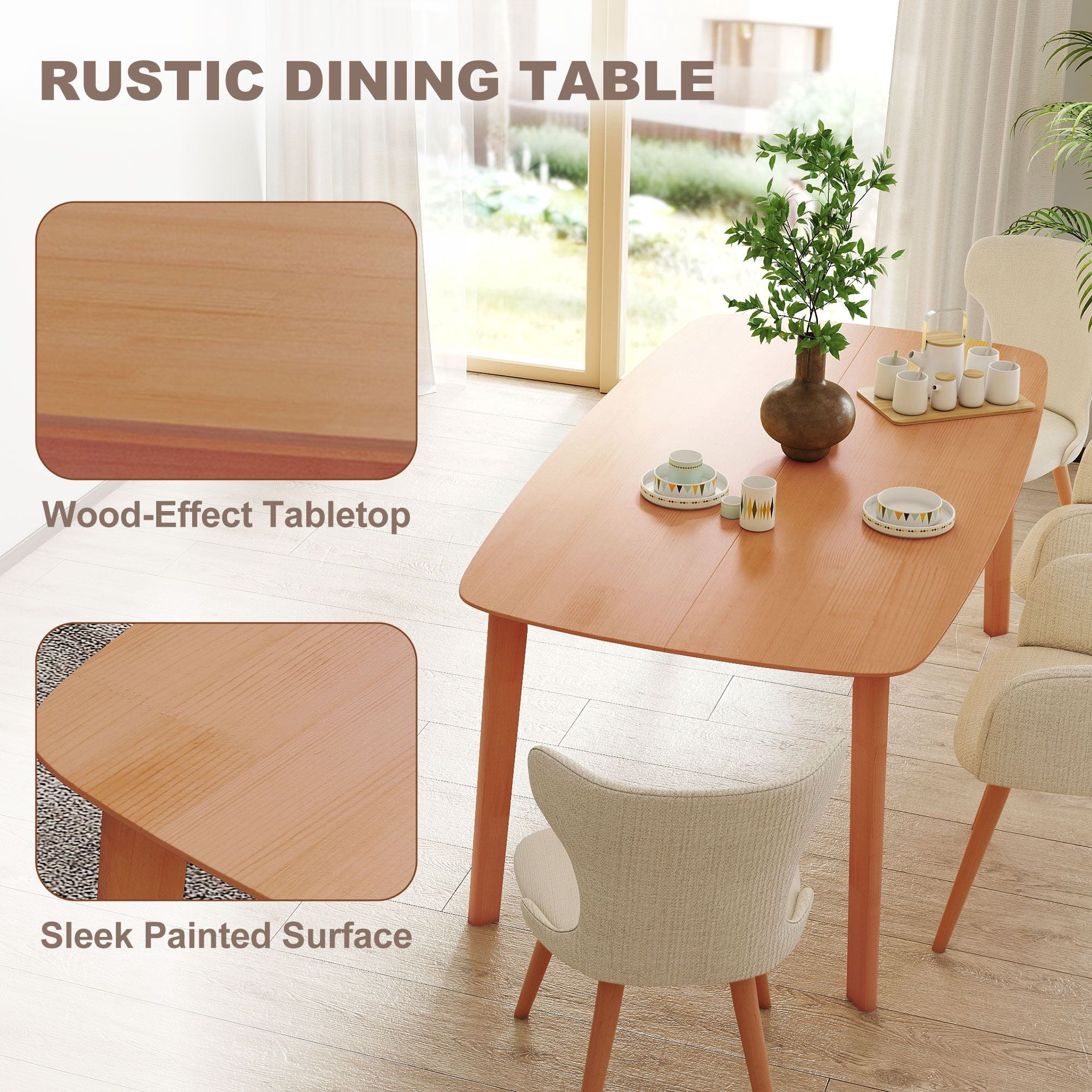 47.2" Rectangle Rustic Dining Table for 6 People, Solid Pine Wood Frame Dinner Table with Round Safety Corners, Non-Slip Foot Pads Supports 66 LBS for Kitchen Dining Room