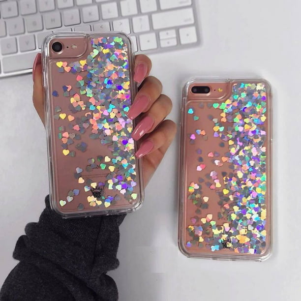 For Iphone 5 5s Se 6 6s 6 Plus 6s Plus 7 7 Plus Floating Holographic Silver Hearts Liquid Waterfall Bling Glitter Case Walmart Com Walmart Com