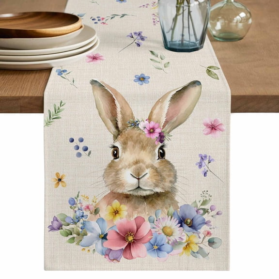 Table Runner 36 Inches Long for Kitchen Dining, Bunny Easter Dresser Scarf Farmhouse, Dining Table Decorations for Wedding/Parties, Spring Floral Pastoral Rabbits Rustic 13 x 36 In