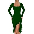 thumbnail image 2 of bbyeadc Women's Cocktail Dresses Square Neck Long Sleeve Ruffle Hem Ruched Bodycon Dress Club Going Out Sexy Evening Dress (Dark Green, L), 2 of 7