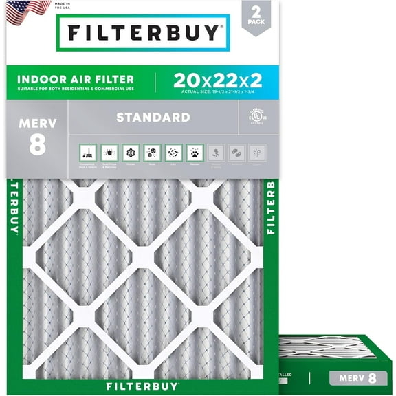 Filterbuy 20x22x2 Air Filter MERV 8 Dust Defense, Pleated HVAC AC Furnace Filter Replacement, 2-Pack