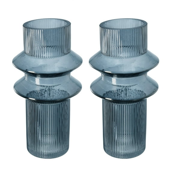 Benjara Rae Set of 2 Glass Vases-Tall Round Cylinders-Smokey Blue-Clear Finish