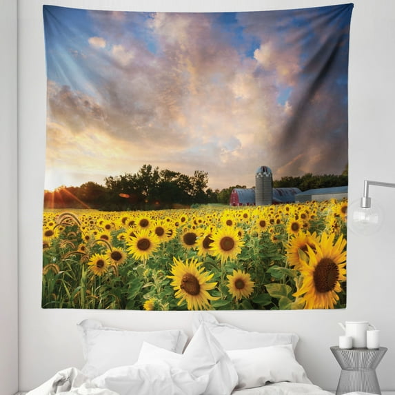 Minnesota Tapestry, Field of Yellow Sunflowers in a Minnesota Farmland Below a Dramatic Sunset Sky, Fabric Wall Hanging Decor for Bedroom Living Room Dorm, 5 Sizes, Multicolor, by Ambesonne