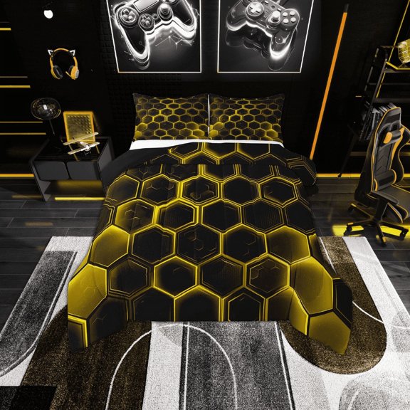 Erosebridal Orange Gradient Hexagon Bedding Twin Comforter Set, Geometry Honeycomb Down Comforter, Black Room Decor, Reversible 2-Piece