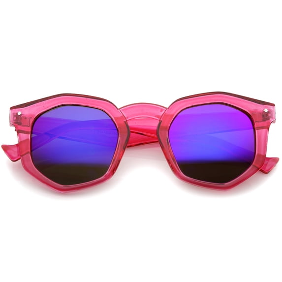 sunglassLA Unisex Geometric Colorful Translucent Frame Color Mirrored Lens Hexagonal Sunglasses (Pink / Blue Mirror) - 45mm