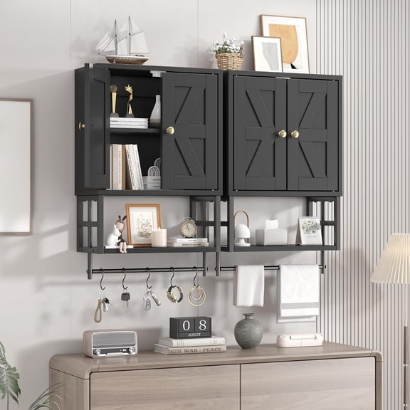 Farmhouse Medicine Cabinet - 3-Tier Wall Mounted Storage Organizer with Adjustable Shelves, Towel Bar, 5 Hooks for Small Bathroom, Laundry Room, Over Toilet, Living Room, Bedroom (Black)