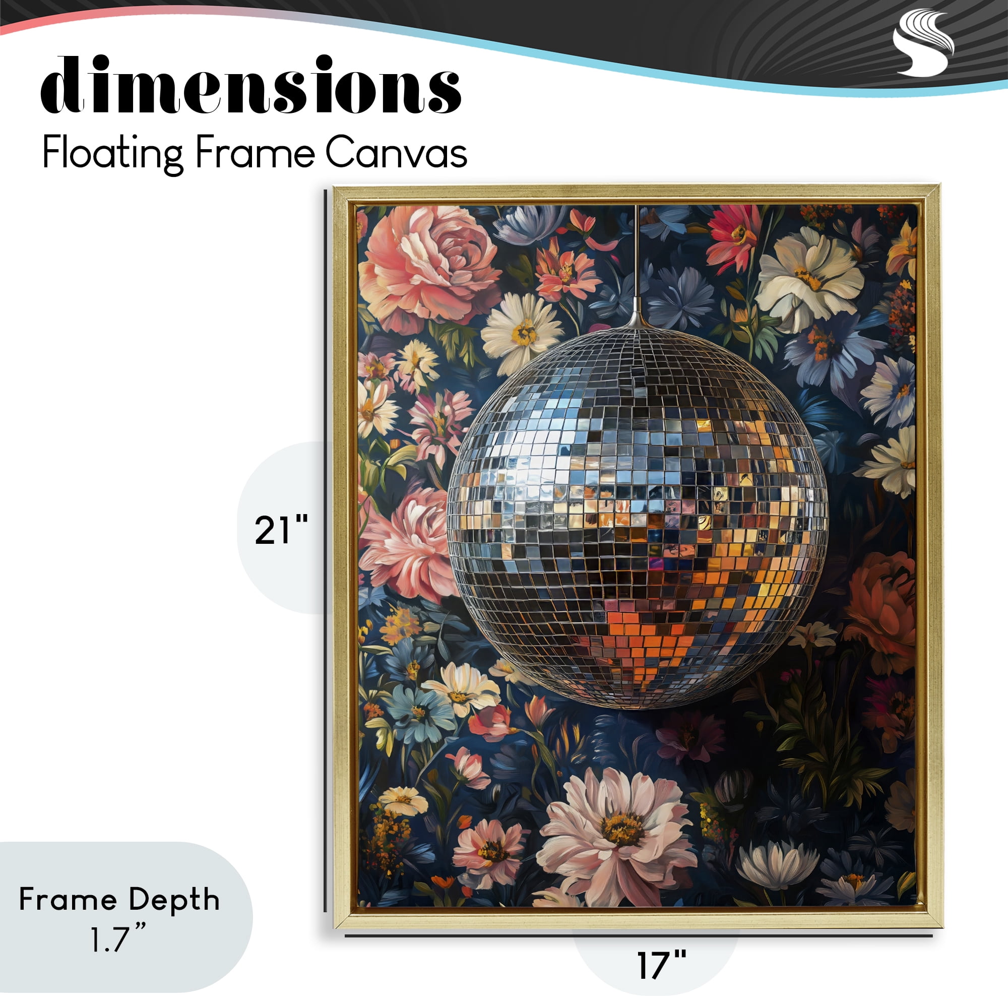 Stupell Industries Floral Disco Ball Reflection Gold Framed Floater Canvas Wall Art, design by LSR Design Studio
