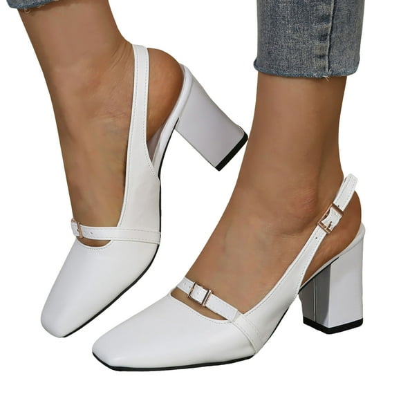 Women's Square Toe Dress Shoes 2025 Leather Chunky Block High Heels Slingback Dressy Pumps Closed Toe Sandals